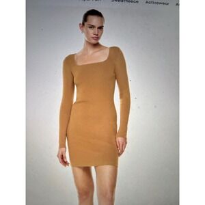 Aritzia Babaton Rego Sculpt Knit Dress XS Camel Long Sleeve Square Neck Bodycon